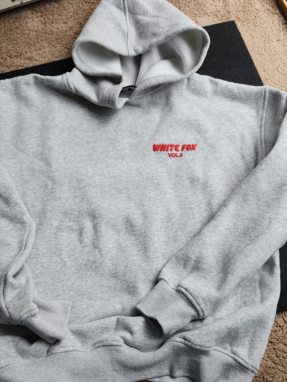 White Fox Boutique Light Gray Hoodie with Red Chest Logo